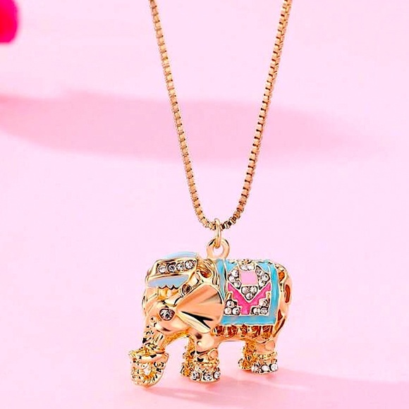 Gold-Plated Elephant Charm Necklace Symbol Strength Wisdom Rhinestone Multicolor - Picture 3 of 7